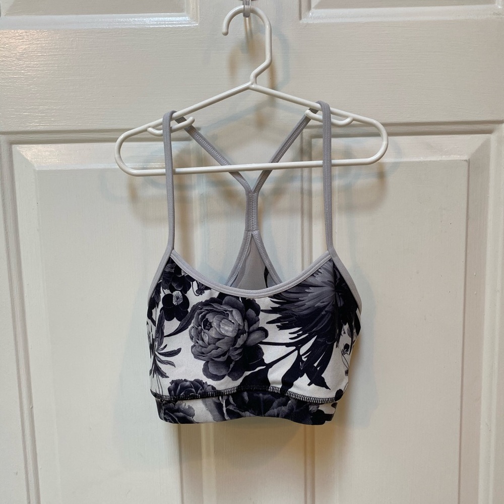 lululemon athletica black and white floral strappy sports bra